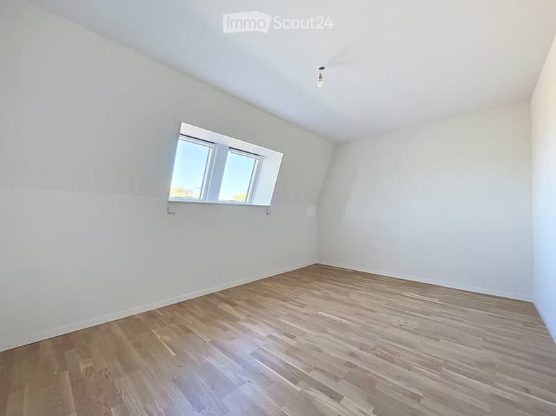 Empty room with wooden flooring and white walls, featuring a skylight window and a single ceiling light fixture.