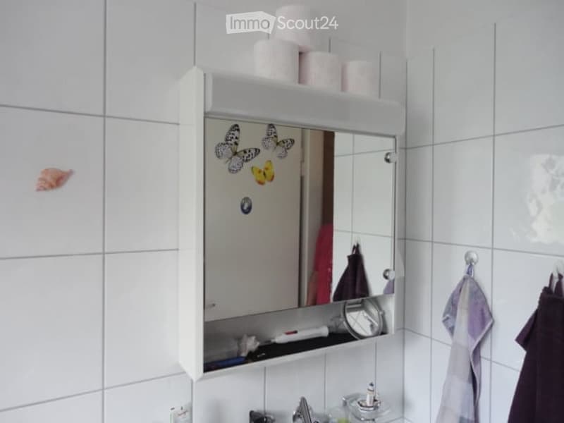 A small bathroom with a white tiled wall, a mirror cabinet with butterfly decals, and a shelf holding toilet paper rolls. A towel hangs on a rack, and a toothbrush and toothpaste are visible on the shelf below the mirror.