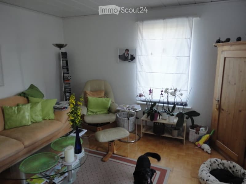 Living room with a beige sofa, green cushions, a wooden chair with green cushions, a small round table, a floor lamp, a picture frame on the wall, and a small dog in the room.