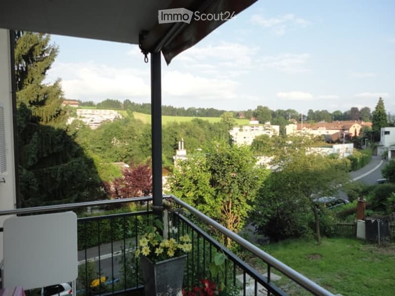Balcony with metal railing, potted plants, and a view of a suburban neighborhood with trees and buildings.
