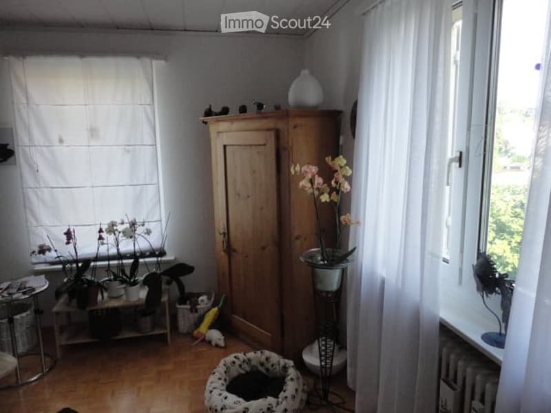 A cozy, well-lit room with wooden flooring, a large wooden cabinet, a small table with potted plants, and a vase with flowers on a stand. There is also a pet bed on the floor and a radiator under the window.
