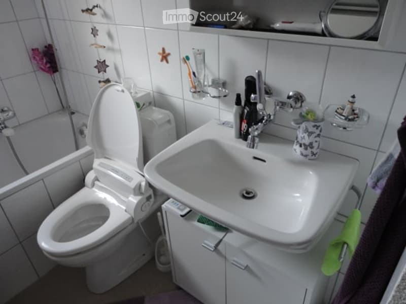 A small bathroom with a toilet, sink, and various toiletries. The sink has a modern faucet, and there is a mirror above it. Toothbrushes and toothpaste are visible on the sink counter.