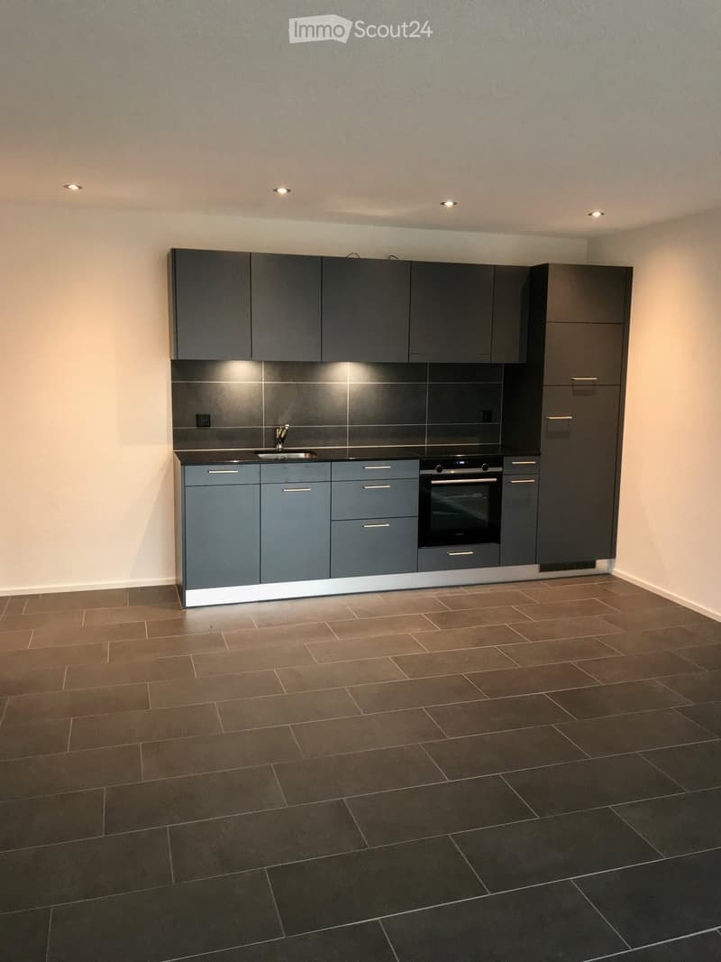 Modern kitchen with grey cabinets, a sink, and an oven, featuring a tiled floor and recessed lighting.
