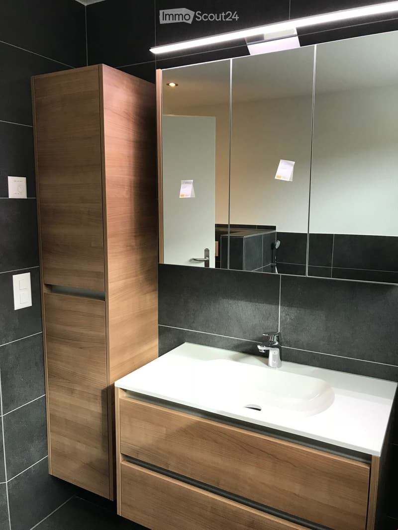 Modern bathroom with a white sink, wooden cabinet, and large mirror. Dark tiled walls and floor.