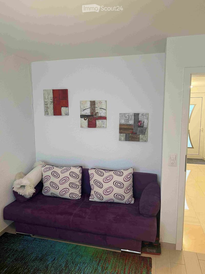 A small, cozy living space featuring a purple sofa with decorative pillows, a fluffy throw, and three pieces of modern abstract artwork on the wall.