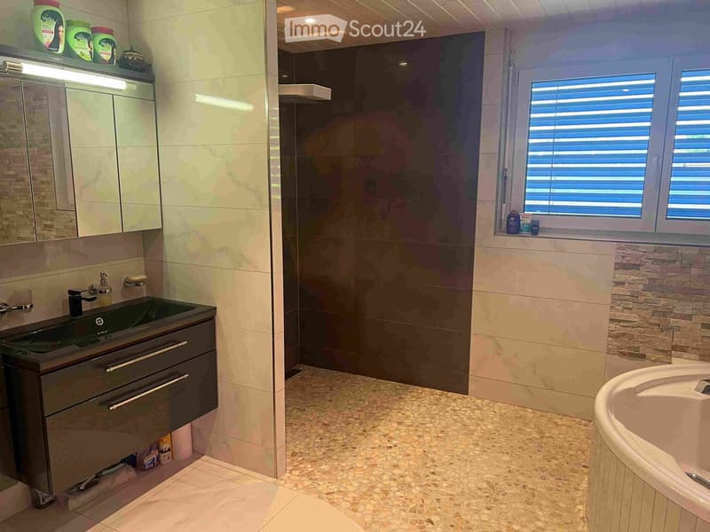 Modern bathroom with a dark sink cabinet, large mirror, bathtub, and a separate shower area with a glass enclosure. The space features beige tiles, a window with blinds, and decorative items on the windowsill and mirror shelf.