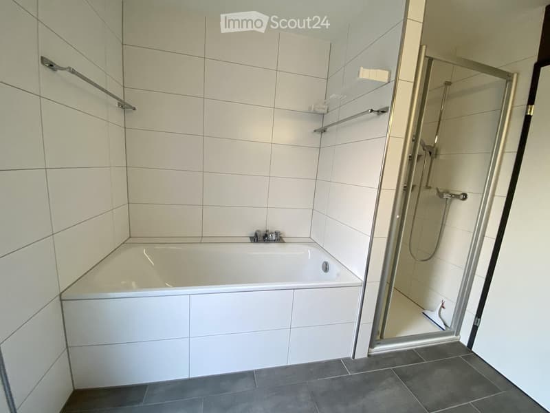 Modern bathroom with a white bathtub, glass shower enclosure, and tiled walls.