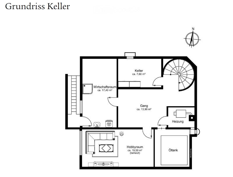 Floor plan of a basement showing a utility room, hallway, hobby room, heating area, oil tank, and storage space.