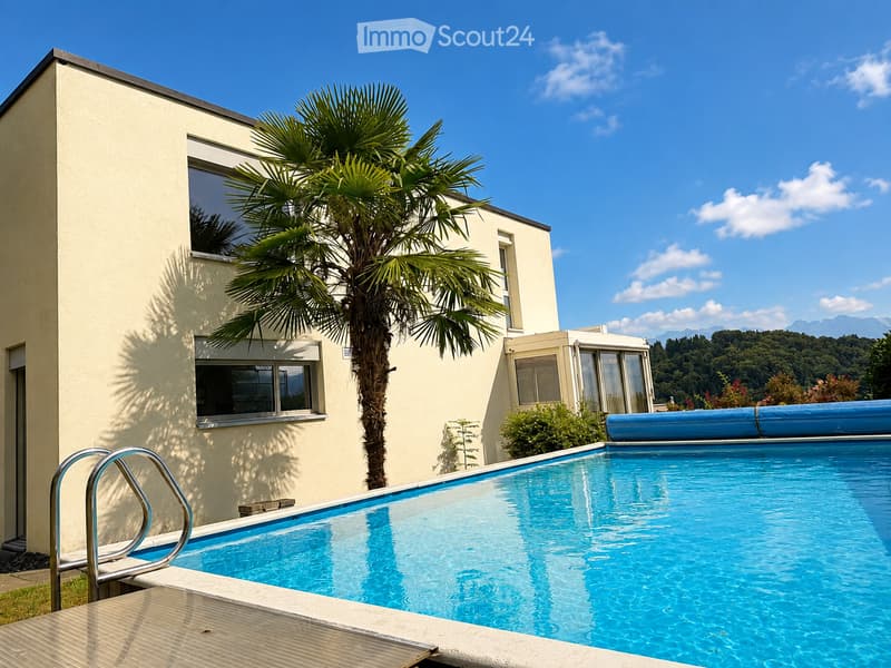 A modern house with a swimming pool in the foreground, surrounded by greenery and a palm tree. The pool has a metal handrail on one side and a blue inflatable pool cover on the adjacent area.