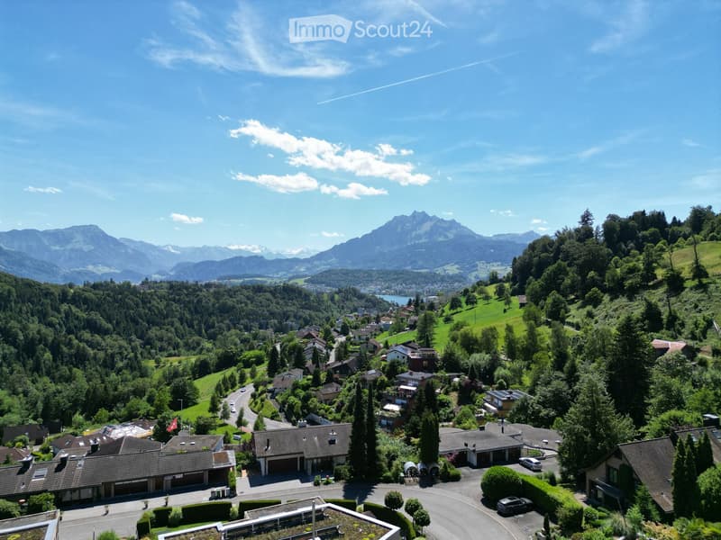 Aerial view of a residential area with houses, trees, and a scenic mountain backdrop.