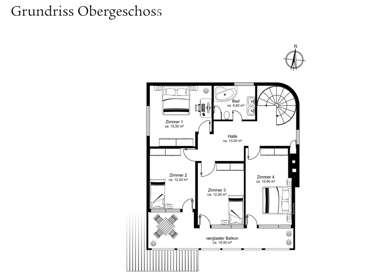 Floor plan of the upper floor showing four bedrooms, a bathroom, a hallway, and a glazed balcony.