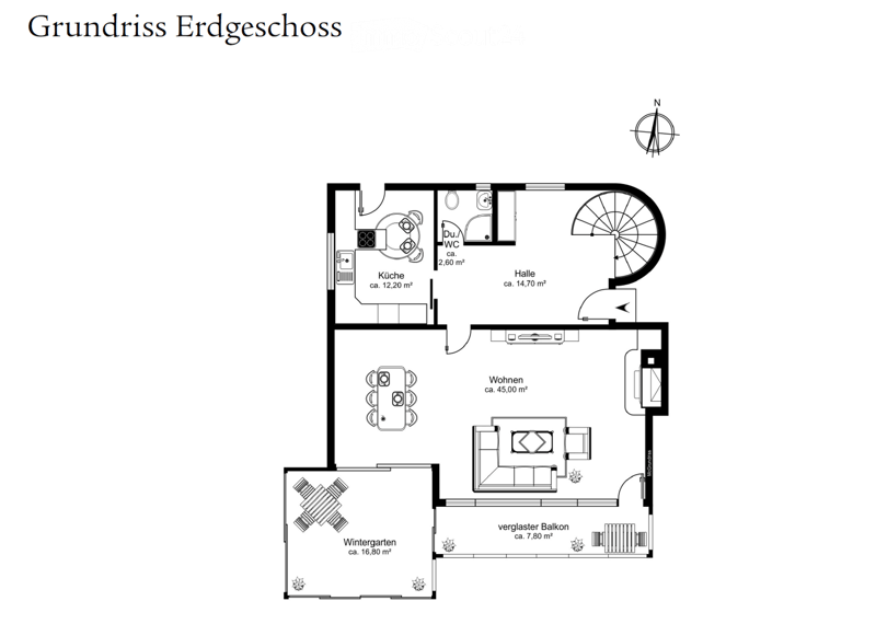 Ground floor layout includes kitchen, living area, hallway, winter garden, and balcony.
