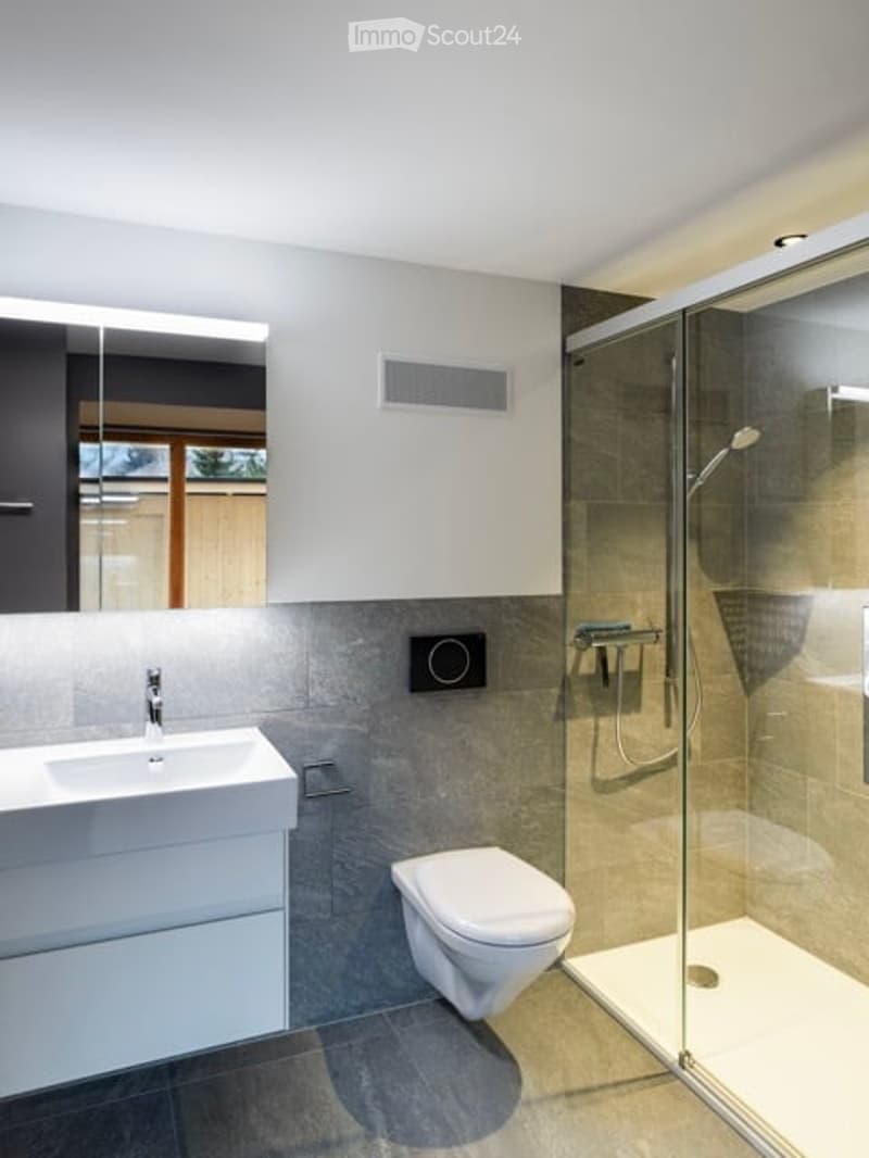 Modern bathroom with a white sink, mirror, toilet, and glass-enclosed shower. Grey tiles and sleek fixtures.