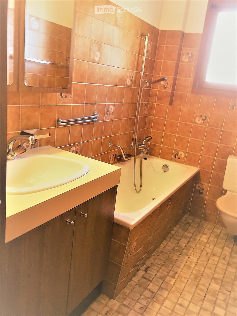 Bathroom with brown tiled walls, a sink with a faucet, a bathtub with a handheld shower, and a toilet. The floor is tiled with a mix of brown and beige tiles.