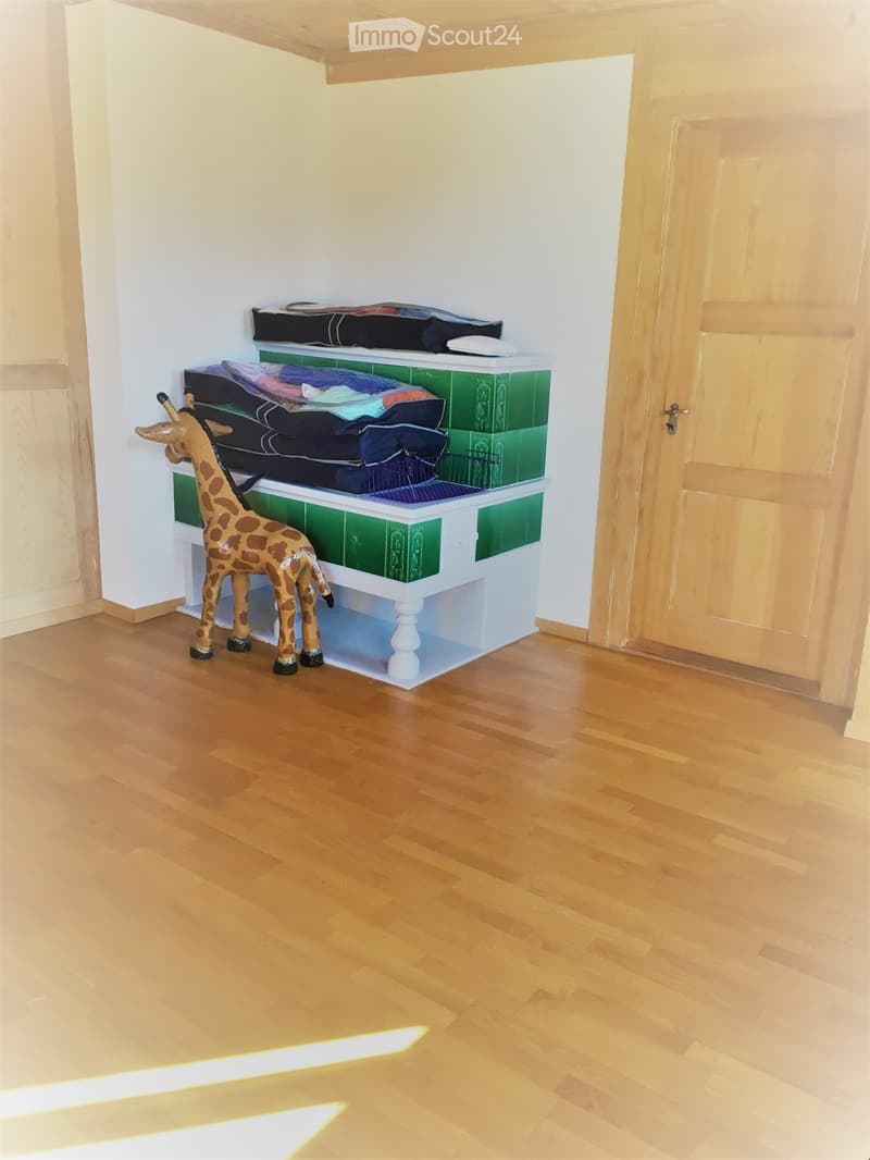 A small, well-lit room with wooden flooring and white walls. A green and white storage unit holds folded clothes and other items, with a large giraffe toy placed in front of it.