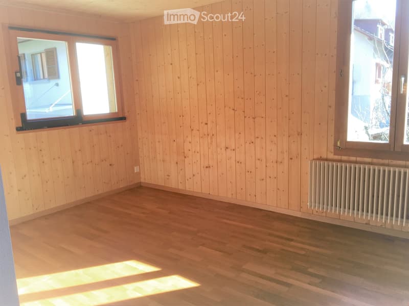 Empty room with light wooden walls and floor, large windows, radiator, and natural light.