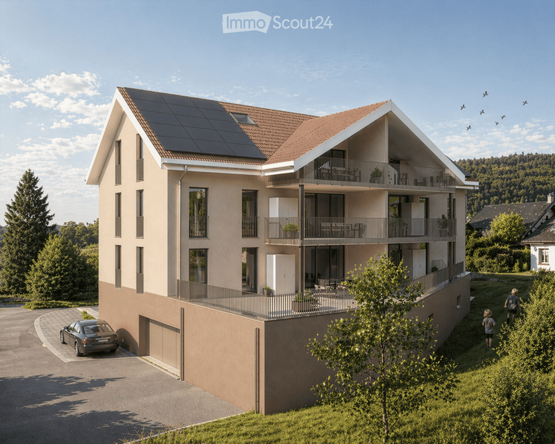 Modern two-story house with solar panels on the roof, balconies, garage, and surrounding greenery.
