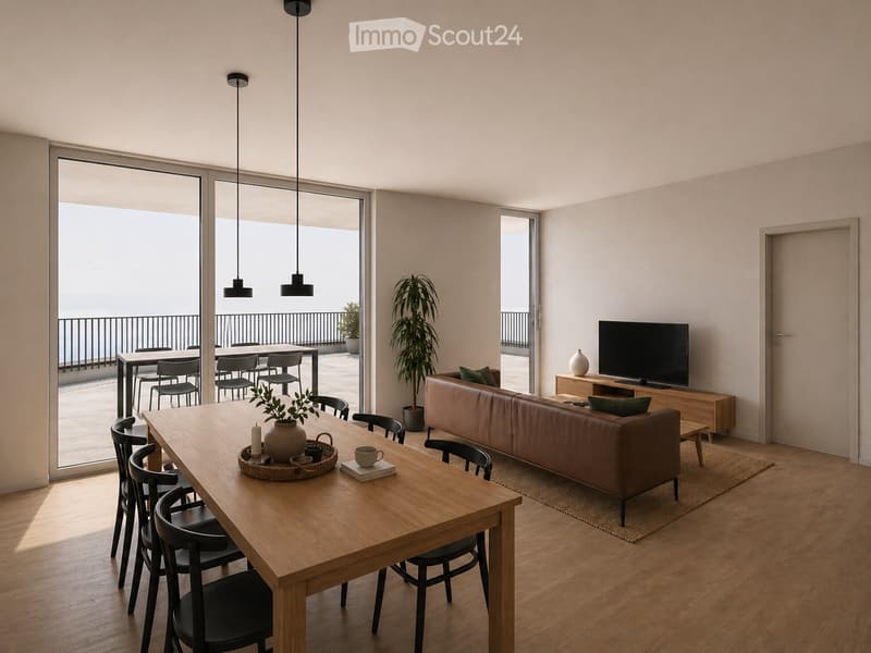 Modern living and dining area with a leather sofa, wooden dining table, chairs, TV, and plants. Large windows open to a balcony.