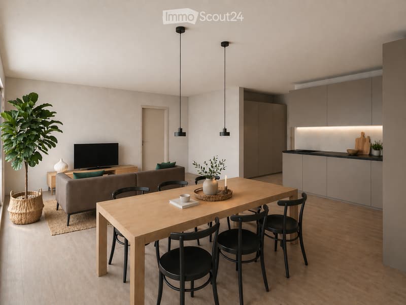 Modern open-plan living and dining area with a sofa, dining table, chairs, television, and kitchen cabinets.