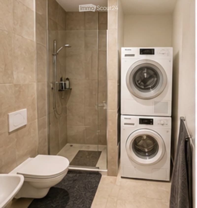Modern bathroom with a glass-enclosed shower, toilet, sink, and stacked washer/dryer unit.
