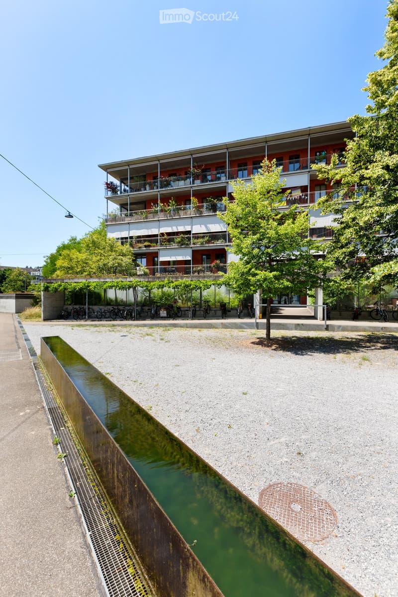 Modern multi-story residential building with balconies, surrounded by greenery and a small water channel.