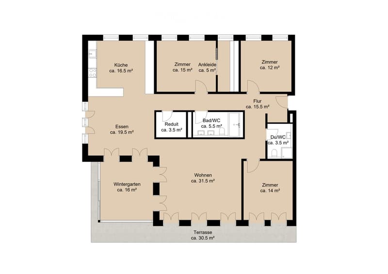 Floor plan of a modern apartment with a kitchen, dining area, living room, winter garden, bedrooms, bathrooms, and a terrace.
