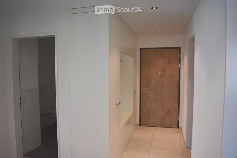 A modern hallway with white walls, tiled floor, built-in storage unit, and a wooden door leading to another room.