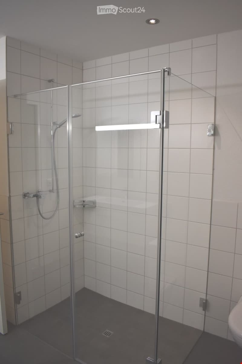 Modern bathroom with a glass shower enclosure, white tiled walls, and a dark grey tiled floor. The shower features a handheld showerhead and a fixed showerhead, with a built-in shelf inside the enclosure.