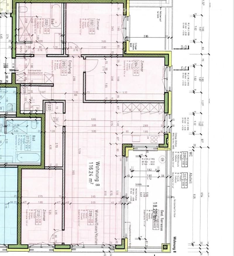 Floor plan of a multi-unit residential building showing two apartments, each with bedrooms, bathrooms, living areas, and kitchens. Includes dimensions, room labels, and technical annotations.