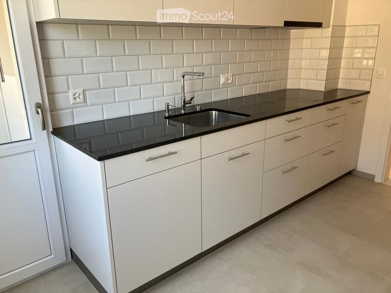 Modern kitchen with white cabinets, black countertops, and a stainless steel sink.