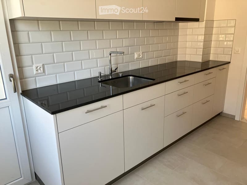 Modern kitchen with white cabinets, black countertops, and a stainless steel sink.