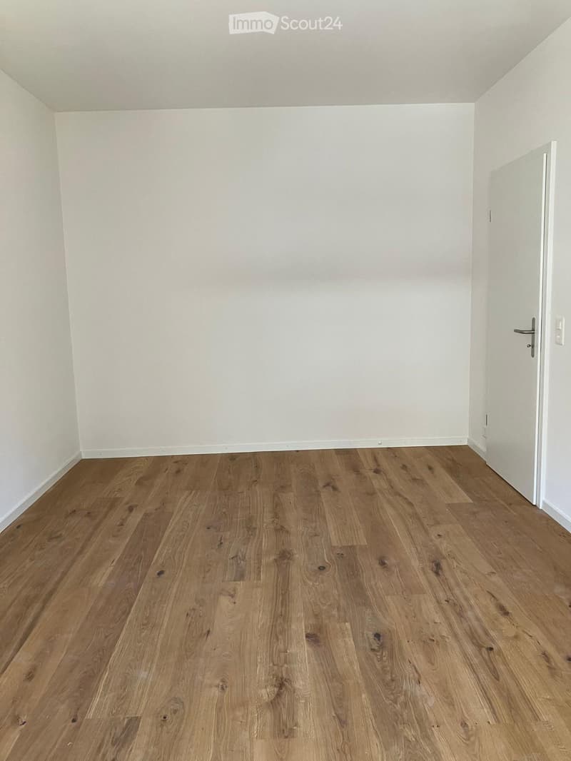 Empty room with light-colored walls and wooden flooring, featuring a white door on the right side.