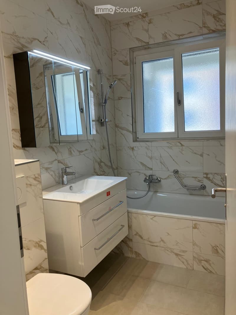 Modern bathroom with marble walls, a white sink with a chrome faucet, a bathtub with a handheld shower, a large mirror, and a toilet.