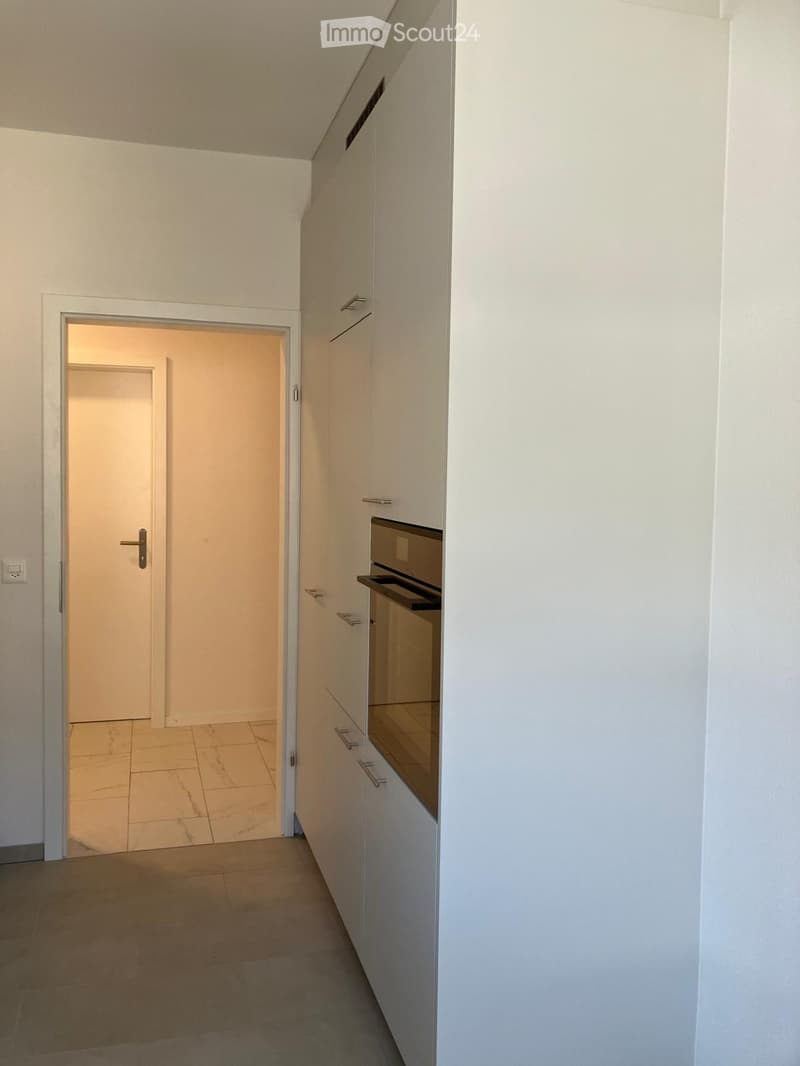 A narrow hallway with white walls, tiled flooring, and a door leading to another room. The hallway features built-in cabinets with silver handles on the right side.