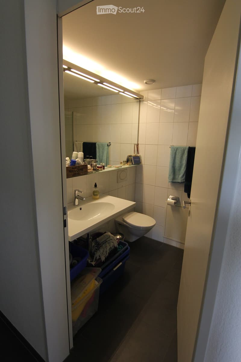 Small, clean bathroom with white sink, mirror, and toilet