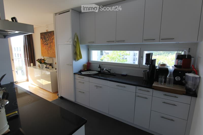 Modern kitchen with white cabinets, black countertops, granite tiles, and kitchen appliances like dishwasher and washing machine