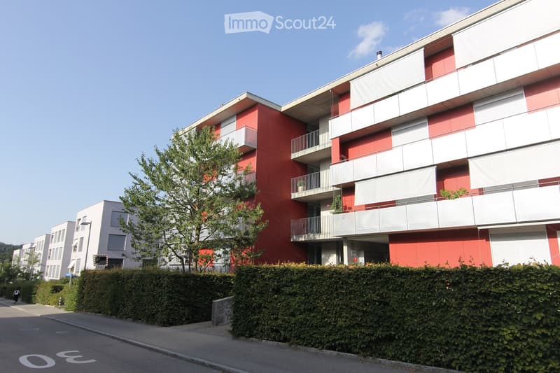 Modern apartment building, red and white, balconies, windows, entrance, street, hedge