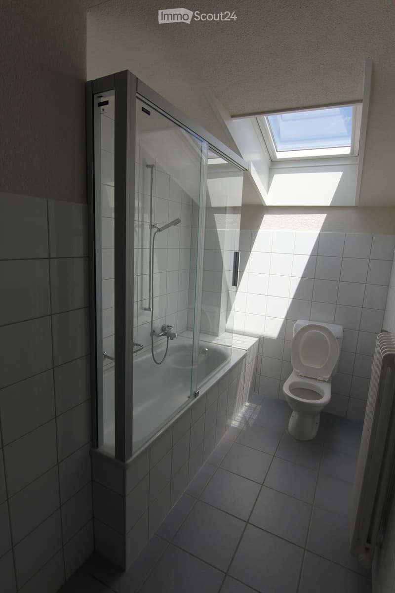 Modern bathroom with a bathtub, toilet, and glass-enclosed shower. Natural light streams in through a skylight window, illuminating the tiled walls and floor.
