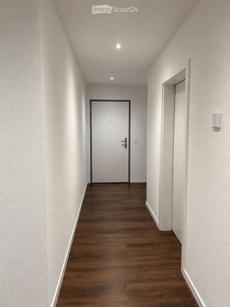 A narrow hallway with wooden flooring, white walls, and recessed ceiling lights. A closed door is visible at the end of the hallway.