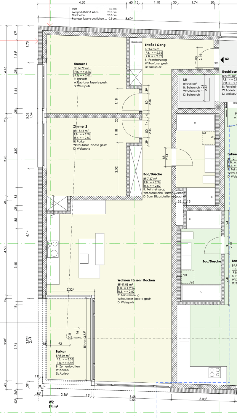 Floor plan of a residential space featuring a living/dining/kitchen area, two bedrooms, two bathrooms, a hallway, and a balcony.