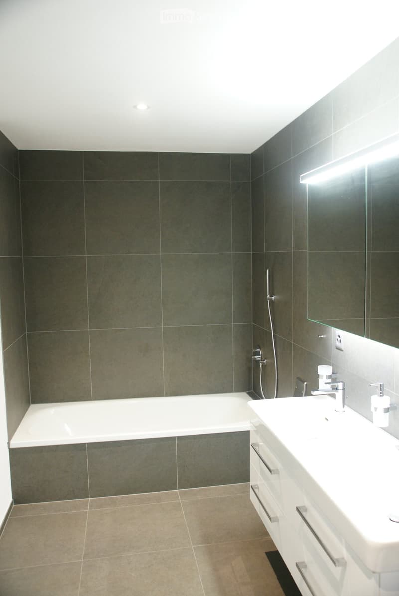 Modern bathroom with dark grey tiles, white bathtub, white sink with chrome faucet, and a large mirror with built-in lighting.