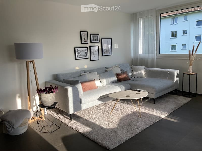 Modern living room with a grey sectional sofa, coffee table, side tables, floor lamp, and decorative plants.