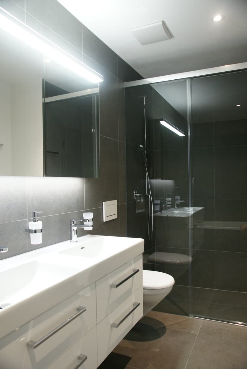 Modern bathroom with a white sink, chrome faucet, large mirror, glass-enclosed shower, and toilet.