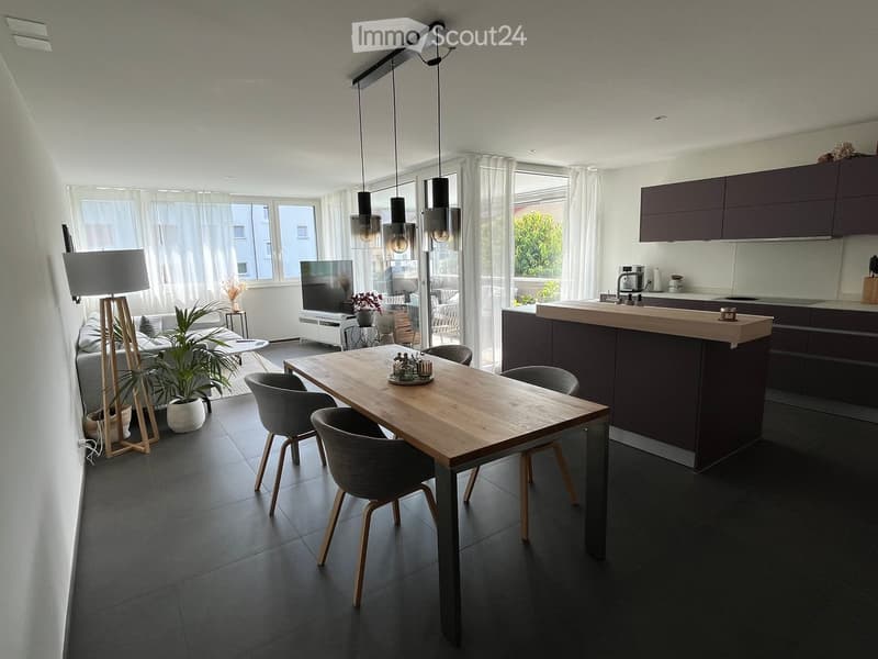 Open-plan living and dining area with a modern kitchen. Features a grey sofa, coffee table, dining table with chairs, pendant lights, and a kitchen island with cabinets and a sink.
