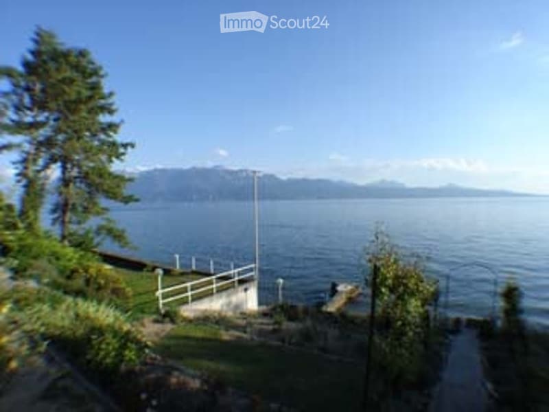 Outdoor view overlooking a lake with mountains in the background, featuring a small paved area with a railing and some greenery.