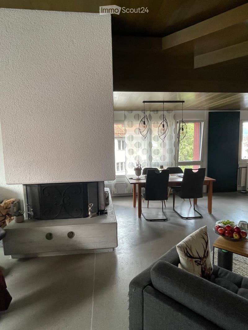 Modern living room with a fireplace, sofa, dining table, chairs, and decorative items.