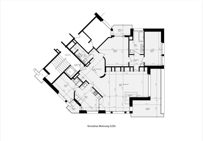Floor plan of a 3rd-floor apartment showing multiple rooms including bedrooms, bathrooms, kitchen, living area, and terrace.