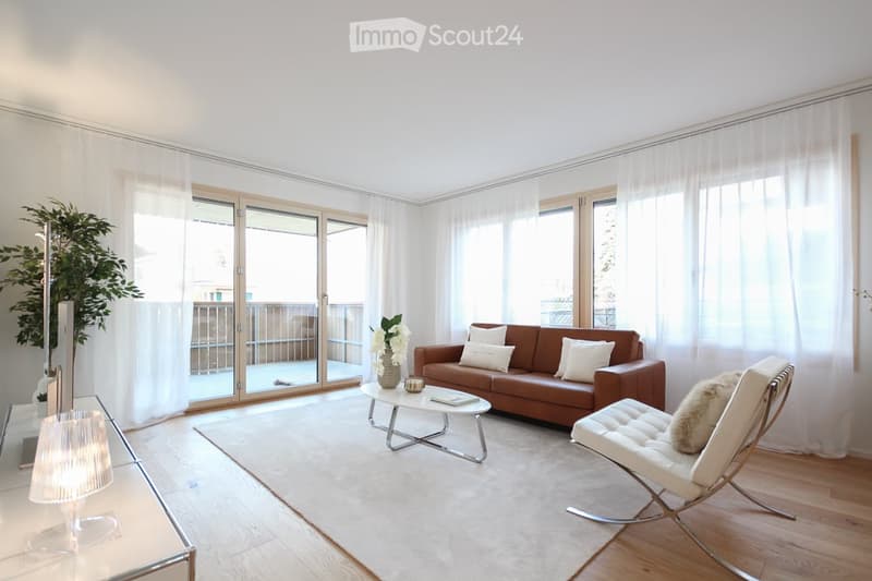 white walls, white rug, brown sofa, white armchair, white coffee table, white curtains, balcony, plant, lamp