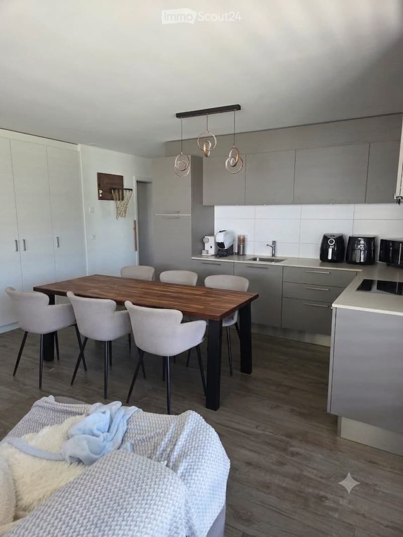 Modern open-plan living and dining area with a grey sofa, wooden dining table with six chairs, grey kitchen cabinets, and various appliances including a coffee machine and oven.