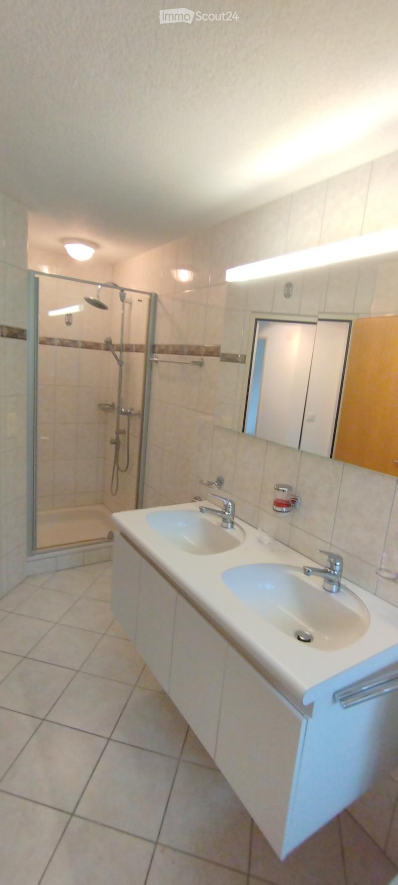 Modern bathroom with a double sink, mirror, and a glass-enclosed shower area.